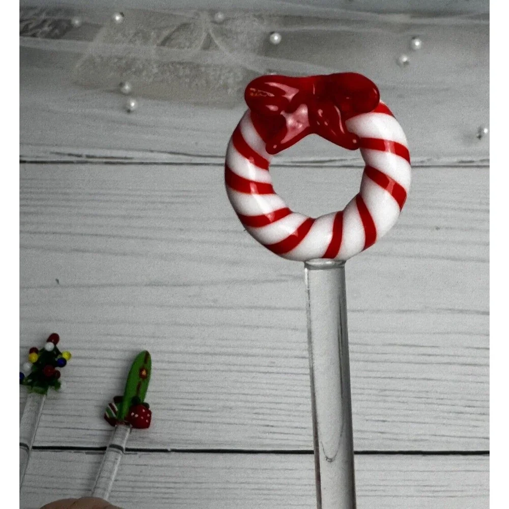 Pier 1 Glass Cocktail Swizzle Sticks Christmas Tree Presents‎ Wreath Surfboard